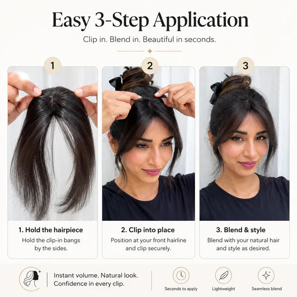 Luxury Imported Clip-In Curtain Bangs Hair Topper | Instant Makeover | Soft, Natural & Reusable