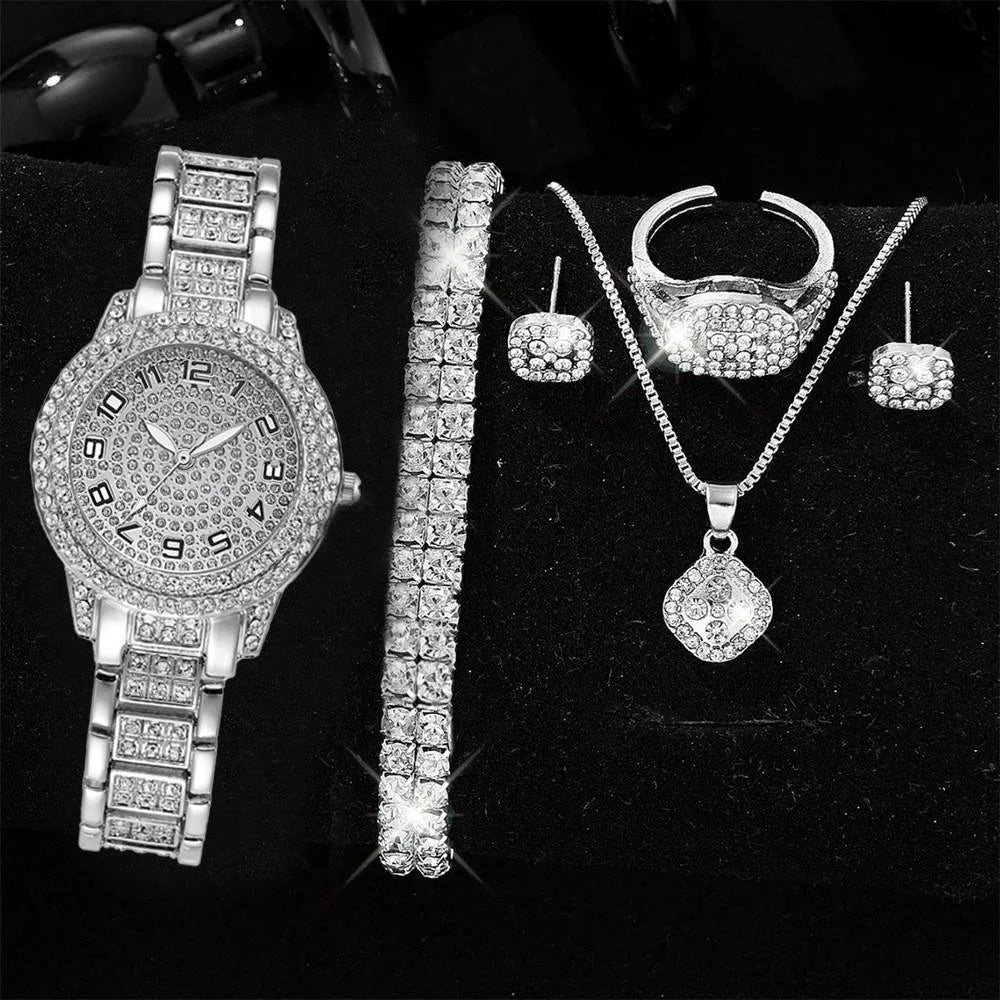 Women's Full Diamond Quartz Watch & Jewelry Set | Luxury Fashion Alloy Pointer Dial Wristwatch