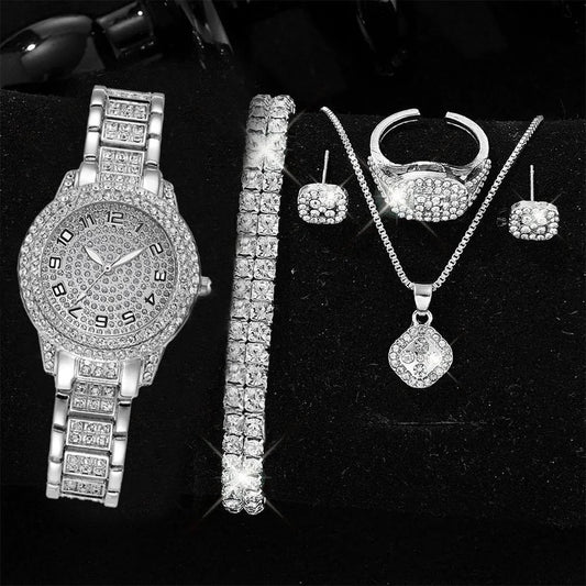 Women's Full Diamond Quartz Watch & Jewelry Set | Luxury Fashion Alloy Pointer Dial Wristwatch