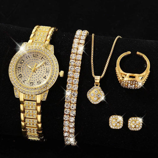 Women's Full Diamond Quartz Watch & Jewelry Set | Luxury Fashion Alloy Pointer Dial Wristwatch